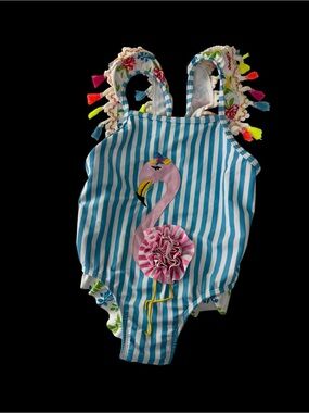 Kids Blue Stripe Flamingo One-Piece Swimsuit